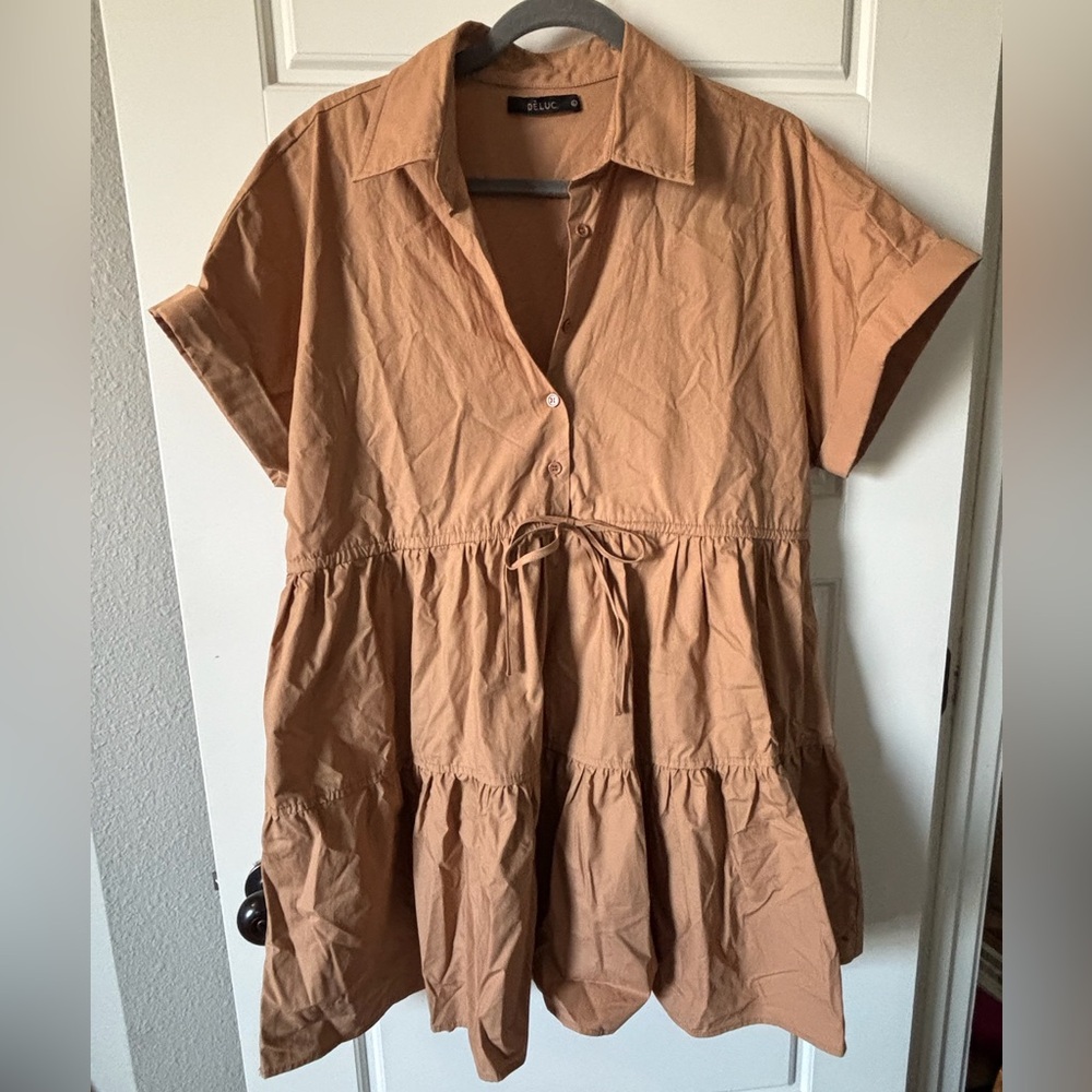 Dèluc Camel Tiered Shirt Dress Button Front Drawstring Waist Size Large